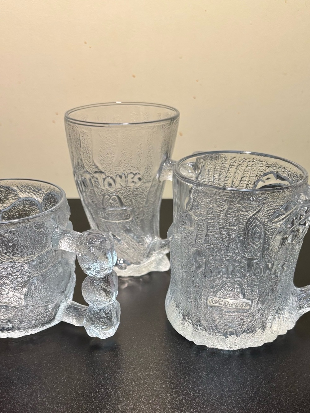 McDonald's Flintstones RocDonald 1993 Complete Set of 3 Frosted Glass Mug Cup